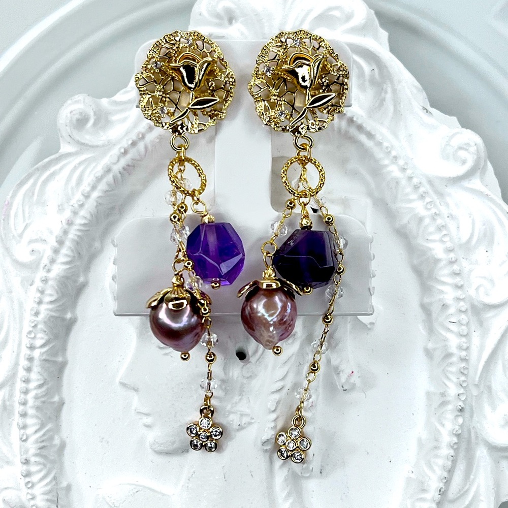 Handmade Freshwater Pearl Amethyst Crystal Daisy 🌼 Earrings S925 Posts